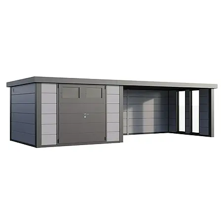 Telluria  Metallgerätehaus Classico 3330 mit Lounge XL rechts inkl. 2 Fenster und Elektro-Set