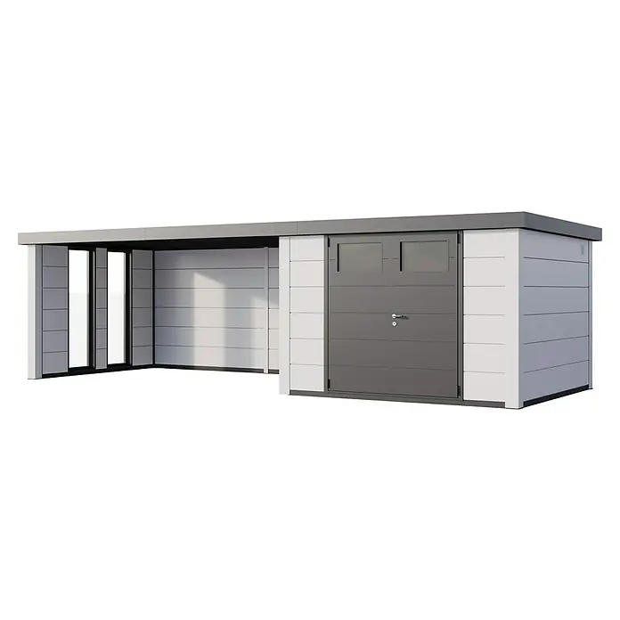 Telluria Metallgerätehaus Classico 3030 mit Lounge XL links inkl. 2 Fenster und Elektro-Set - Außenmaß inkl. Dachüberstand (B x T): 782 x 318 cm, Stahl, Weiß, Inkl. Innenwandverkleidung & Elektro-Set - Ein modernes Gartenhaus mit Anbau in Grau und Weiß. Das Haus bietet Stauraum und einen geschützten Bereich im Freien.