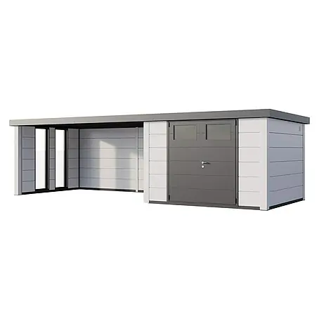 Telluria  Metallgerätehaus Classico 3330 mit Lounge XL links inkl. 2 Fenster und Elektro-Set
