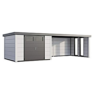 Telluria Gerätehaus Classico Lounge XL 3330 mit Fenster (Weiß/Weiß, Lounge rechts, Außenbreite inkl. Dachüberstand: 686 cm, Außentiefe inkl. Dachüberstand: 298 cm)