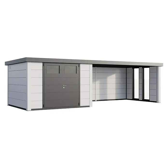 Telluria Metallgerätehaus Classico 3030 mit Lounge XL rechts inkl. 2 Fenster - Außenmaß inkl. Dachüberstand (B x T): 782 x 318 cm, Stahl, Weiß, Ohne Set - Ein modernes Gerätehaus mit Carport. Das Haus bietet Stauraum und der Unterstand schützt vor Wind und Wetter.