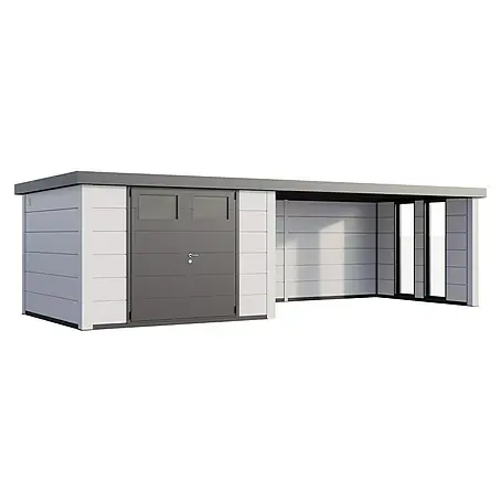 Telluria  Metallgerätehaus Classico 3330 mit Lounge XL rechts inkl. 2 Fenster und Elektro-Set