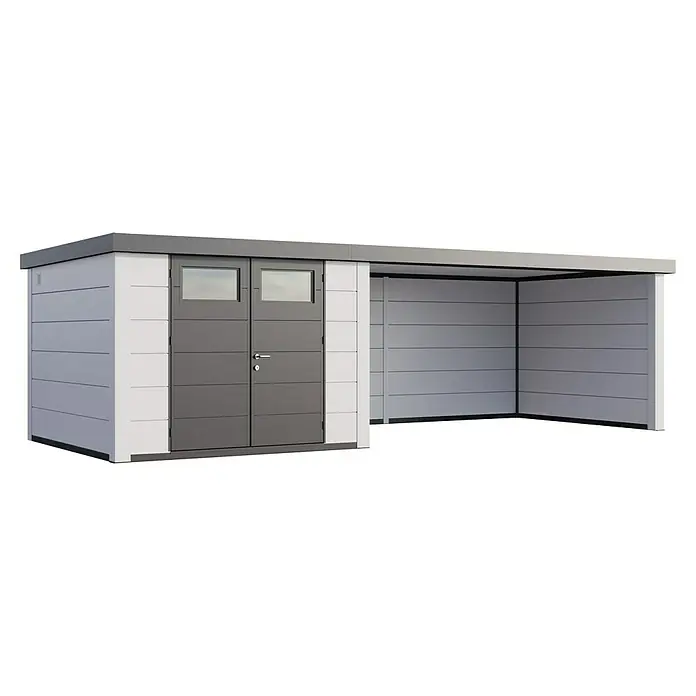 Telluria Metallgerätehaus Classico 3030 mit Lounge XL rechts - Außenmaß inkl. Dachüberstand (B x T): 782 x 318 cm, Stahl, Weiß, Ohne Set - Abbildung eines modernen Gartenhauses mit Flachdach, grauen Türen und einem hellen, offenen Anbau, ideal für den Garten.