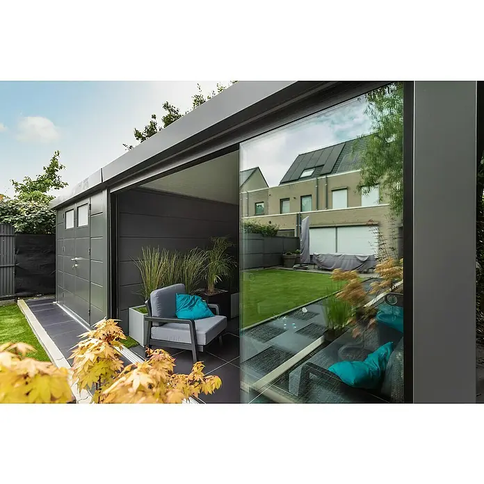 Telluria Schiebewand - 324,4 x 240 cm, Glas, Passend für: Telluria Gerätehaus Classico 3024 - Ein moderner, grauer Gartenpavillon mit Schiebetür und stilvollen Akzenten, der einen gemütlichen Außenbereich schafft.