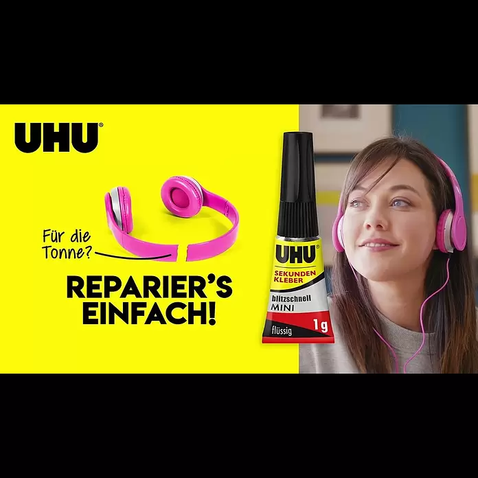 UHU Sekundenkleber Blitzschnell Minis - 1 g, 3 Stk., Flüssig, Dose - Fr die Tonne? Reparier's einfach mit UHU! | Minis | Kopfhrer | 16:9