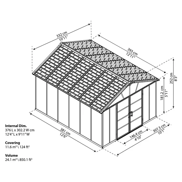 Palram – Canopia Gerätehaus - Außenmaß inkl. Dachüberstand (B x T): 332 x 393 cm, Kunststoff, Grau, Mit Boden - Die Abbildung zeigt die Dimensionen eines Gewächshauses mit Angaben zu Innenraum, Abdeckung und Volumen in cm und ft.