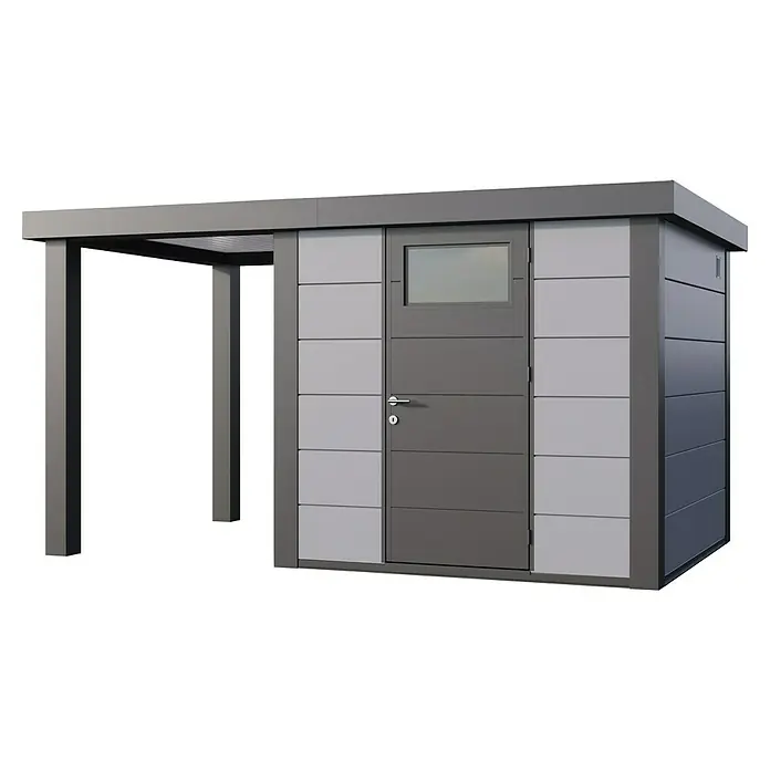 Telluria Metallgerätehaus Classico 2424 mit Open Lounge S links - Außenmaß inkl. Dachüberstand (B x T): 426 x 258 cm, Stahl, Lichtgrau/Anthrazit, Ohne Set - Eine moderne Gerätehaus-Lösung mit Überdachung. Das Haus bietet praktischen Stauraum und einen geschützten Bereich im Freien.