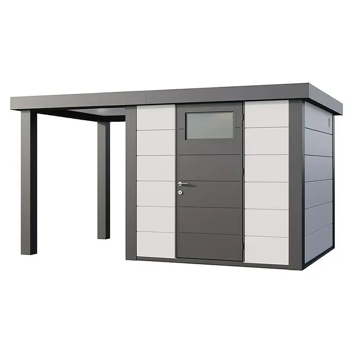 Telluria Metallgerätehaus Classico 2424 mit Open Lounge S links - Außenmaß inkl. Dachüberstand (B x T): 426 x 258 cm, Stahl, Weiß/Anthrazit, Ohne Set - Bild eines modernen Gerätehauses mit Überdachung, das durch sein schlichtes Design und die Farbkombination aus Grau und Weiß besticht.