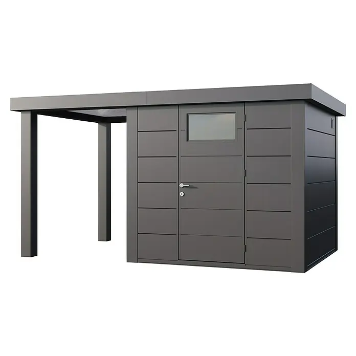 Telluria Metallgerätehaus Classico 2424 mit Open Lounge S links - Außenmaß inkl. Dachüberstand (B x T): 426 x 258 cm, Stahl, Anthrazit, Ohne Set - Abbildung eines modernen Gerätehauses in Grau mit Doppeltür, kleinem Fenster und einem überdachten Anbau.