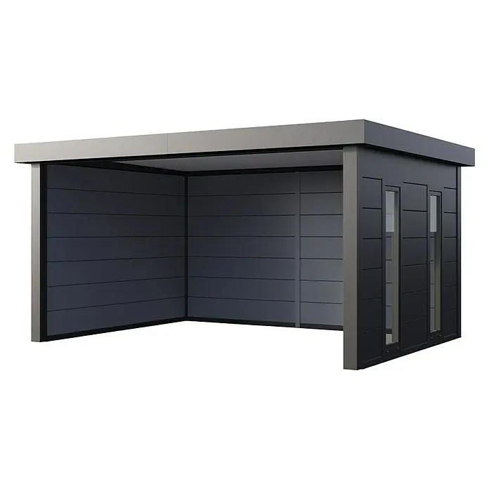 Telluria Pavillon Singolo 4836 inkl. Elektro-Set - Außenmaß inkl. Dachüberstand (B x T): 508 x 388 cm, Stahl, Anthrazit, Inkl. Innenwandverkleidung, Fenster rechts & Elektro-Set - Ein moderner, anthrazitfarbener Unterstand mit horizontalen Paneelen und schlanken Fenstern, der Schutz und stilvolles Design vereint.