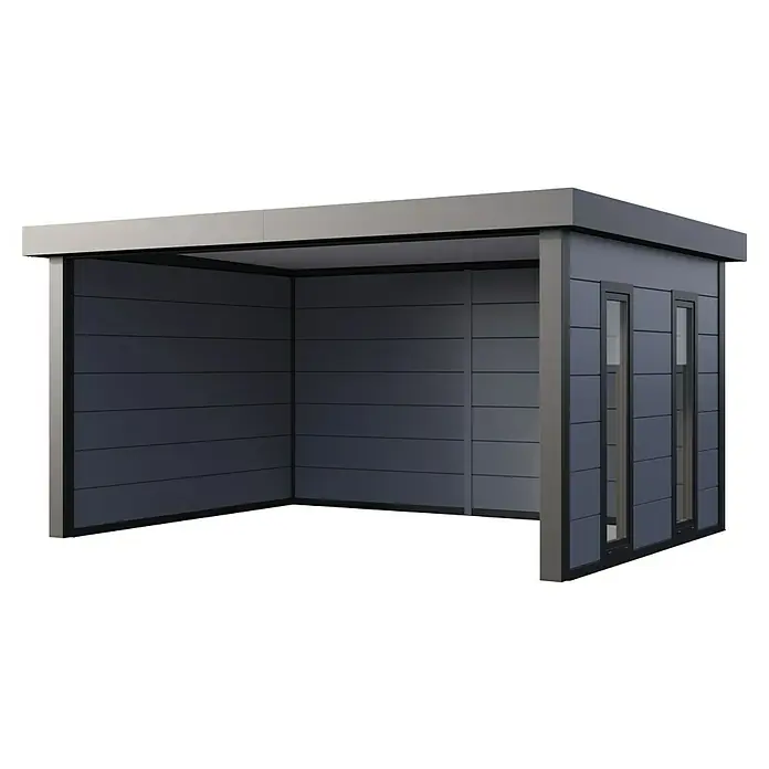 Telluria Pavillon Singolo 4836 inkl. Elektro-Set - Außenmaß inkl. Dachüberstand (B x T): 508 x 388 cm, Stahl, Lichtgrau/Anthrazit, Inkl. Innenwandverkleidung, Fenster rechts & Elektro-Set - Ansicht eines modernen, modularen Gartenhauses in Anthrazitgrau mit horizontaler Paneeloptik und klaren Linien, ideal für den Außenbereich.
