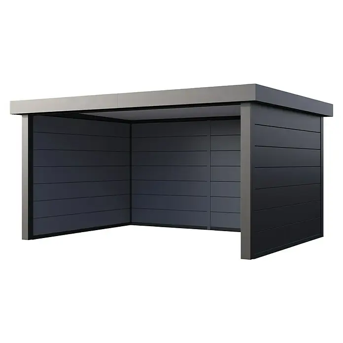 Telluria Pavillon Singolo 4836 - Außenmaß inkl. Dachüberstand (B x T): 508 x 388 cm, Stahl, Anthrazit, Ohne Set, mit Fenster rechts - Eine moderne, graue Überdachung mit horizontalen Paneelen, ideal für den Außenbereich als Unterstand oder Carport.