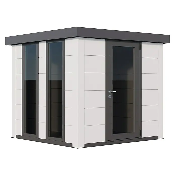 Telluria Gartenhaus Luminato 2424 inkl. Elektro-Set - Außenmaß inkl. Dachüberstand (B x T): 258 x 258 cm, Stahl, Weiß, Inkl. Innenwandverkleidung & Elektro-Set - Moderne Gartenlaube mit weißen Paneelen und grauen Akzenten, ideal für Entspannung im Freien. Praktisches und stilvolles Design.