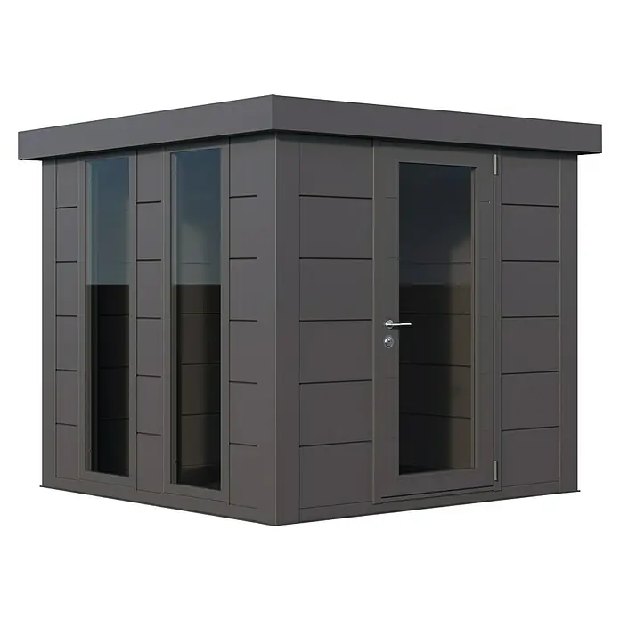 Telluria Gartenhaus Luminato 2424 inkl. Elektro-Set - Außenmaß inkl. Dachüberstand (B x T): 258 x 258 cm, Stahl, Anthrazit, Inkl. Innenwandverkleidung & Elektro-Set - Ein graues Gartenhaus mit großen Fenstern und einer Tür, ideal für den modernen Garten. Die hochwertige Verarbeitung sorgt für Langlebigkeit.