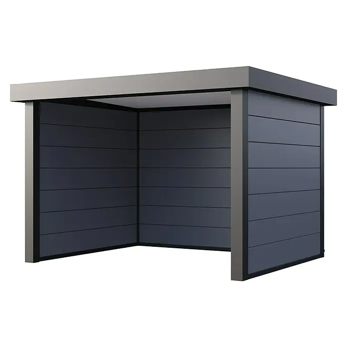 Telluria Pavillon Singolo 3630 inkl. Elektro-Set - Außenmaß inkl. Dachüberstand (B x T): 388 x 328 cm, Stahl, Lichtgrau/Anthrazit, Inkl. Innenwandverkleidung & Elektro-Set - Das Bild zeigt ein modernes Gartenhaus mit horizontalen Paneelen und einem Flachdach. Ideal für den Garten als Stauraum oder Unterstand.