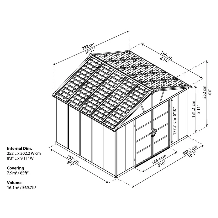 Palram – Canopia Gartenhaus - Außenmaß inkl. Dachüberstand (B x T): 332 x 271 cm, Kunststoff, Grau, Ohne Boden - Eine schematische Darstellung eines Gartenhauses mit Maßangaben für Länge, Breite und Höhe in Zentimetern und Fuß.