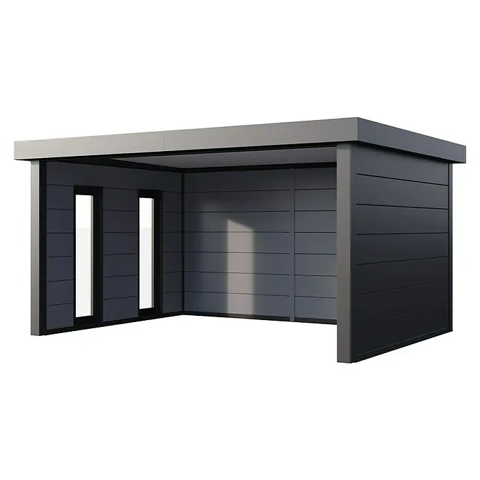 Telluria Pavillon Singolo 4836 inkl. Elektro-Set - Außenmaß inkl. Dachüberstand (B x T): 508 x 388 cm, Stahl, Anthrazit, Inkl. Innenwandverkleidung, Fenster rechts & Elektro-Set - Detaillierte Ansicht eines modernen, grauen Gartenhauses mit horizontaler Holzverkleidung und schlanken Fensteröffnungen für natürliche Beleuchtung.
