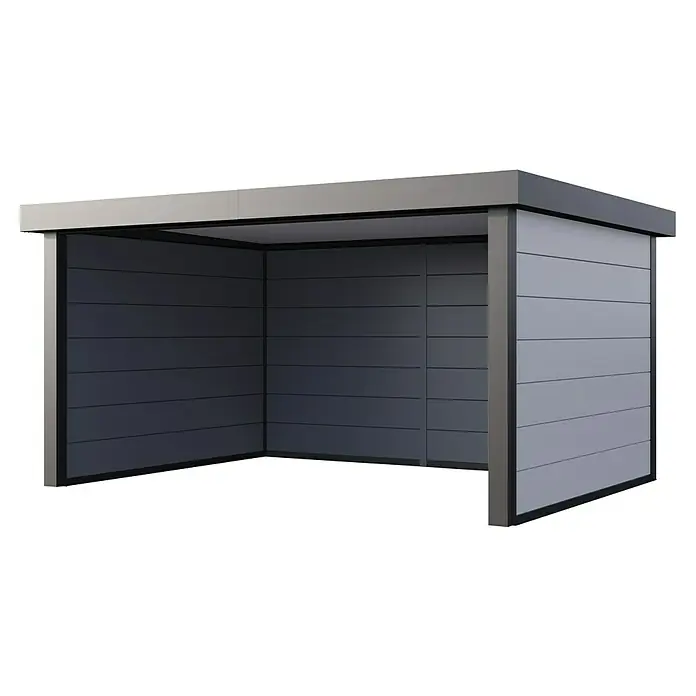 Telluria Pavillon Singolo 4836 inkl. Elektro-Set - Außenmaß inkl. Dachüberstand (B x T): 508 x 388 cm, Stahl, Weiß/Anthrazit, Inkl. Innenwandverkleidung & Elektro-Set - Abbildung eines modernen, würfelförmigen Unterstandes mit horizontaler Paneelstruktur und grauer Farbgebung, ideal für Außenbereiche.