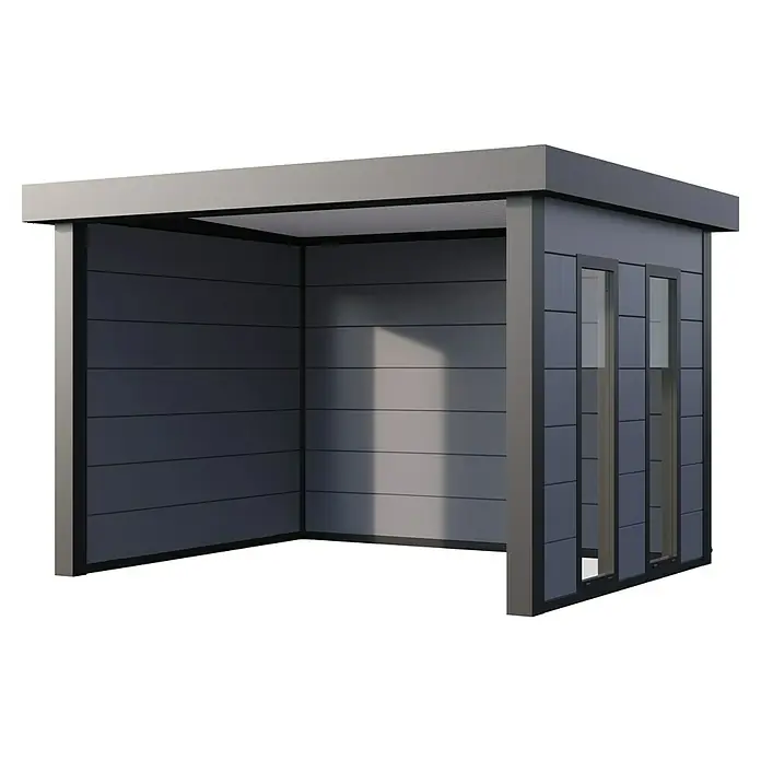 Telluria Pavillon Singolo 3630 mit Fenster - Außenmaß inkl. Dachüberstand (B x T): 388 x 328 cm, Stahl, Lichtgrau/Anthrazit, Ohne Set - Das Bild zeigt einen modernen, dunklen Gerätehaus mit horizontalen Paneelen und Fensteröffnungen, ideal für den Garten.