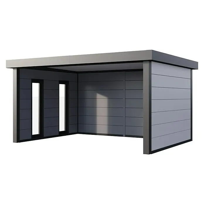 Telluria Pavillon Singolo 4836 mit Fenster - Außenmaß inkl. Dachüberstand (B x T): 508 x 388 cm, Stahl, Anthrazit, Ohne Set, mit Fenster rechts - Das Bild zeigt einen modernen, grauen Gartenpavillon mit horizontalen Paneelen und zwei Fensteröffnungen, ideal für Entspannung im Freien.