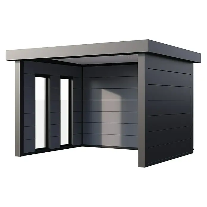 Telluria Pavillon Singolo 3630 inkl. Elektro-Set - Außenmaß inkl. Dachüberstand (B x T): 388 x 328 cm, Stahl, Anthrazit, Inkl. Innenwandverkleidung, Elektro-Set & 2 Fenster - Moderne, graue Gartenlaube mit horizontaler Verkleidung und schlanken Fensterrahmen, die ein stilvolles und funktionales Design bietet.