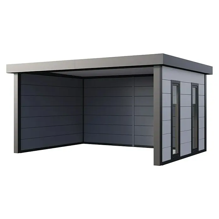 Telluria Pavillon Singolo 4836 mit Fenster - Außenmaß inkl. Dachüberstand (B x T): 508 x 388 cm, Stahl, Anthrazit, Ohne Set, mit Fenster rechts - Ein modernes, graues Carport mit flachem Dach und minimalistischem Design, ideal für den Schutz Ihres Fahrzeugs vor Witterungseinflüssen.