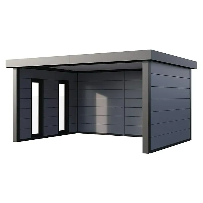 Telluria Pavillon Singolo 4836 inkl. Elektro-Set - Außenmaß inkl. Dachüberstand (B x T): 508 x 388 cm, Stahl, Lichtgrau/Anthrazit, Inkl. Innenwandverkleidung, Fenster rechts & Elektro-Set - Abbildung eines modernen, grauen Gartenhauses mit horizontaler Verkleidung und zwei Fenstern, ideal für zusätzlichen Stauraum im Freien.