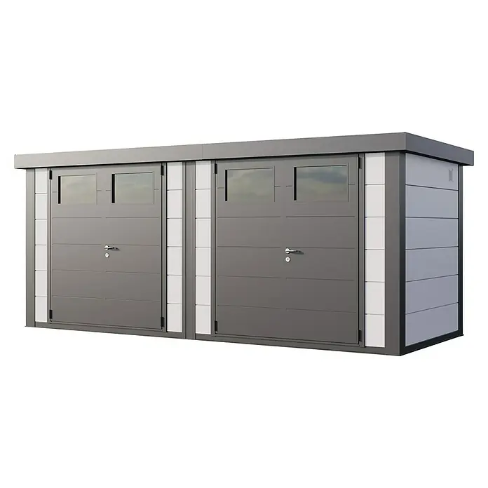 Telluria Metallgerätehaus Duo 2721 inkl. Elektro-Set - Außenmaß inkl. Dachüberstand (B x T): 542 x 228 cm, Weiß/Anthrazit, Stahl, Inkl. Innenwandverkleidung & Elektro-Set - Nahaufnahme eines modernen, grauen Gerätehauses mit zwei Türen und kleinen Fenstern. Perfekt für die Aufbewahrung im Außenbereich.