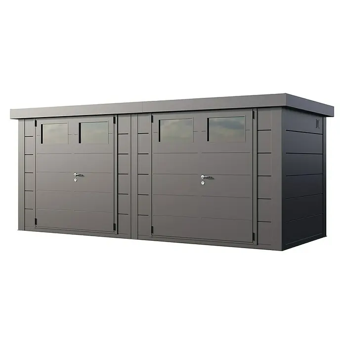 Telluria Metallgerätehaus Duo 2721 inkl. Elektro-Set - Außenmaß inkl. Dachüberstand (B x T): 542 x 228 cm, Anthrazit, Stahl, Inkl. Innenwandverkleidung & Elektro-Set - Ein grauer Gerätehaus mit zwei Türen und Fenstern oben, ideal für die Aufbewahrung im Freien.