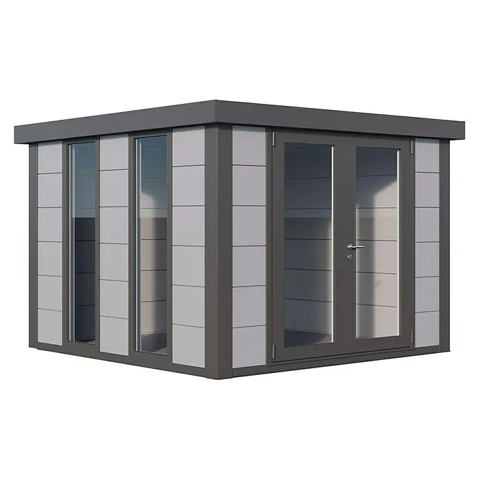 Telluria Gartenhaus Luminato 3030 inkl. Elektro-Set - Außenmaß inkl. Dachüberstand (B x T): 318 x 318 cm, Stahl, Lichtgrau/Anthrazit, Inkl. Innenwandverkleidung & Elektro-Set - Modernes Gartenhaus mit grauen Paneelen und großen Fenstern. Ideal als Büro oder Rückzugsort im Garten.