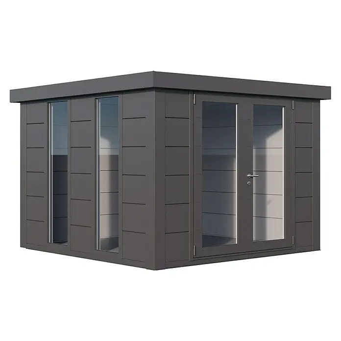 Telluria Gartenhaus Luminato 3030 inkl. Elektro-Set - Außenmaß inkl. Dachüberstand (B x T): 318 x 318 cm, Stahl, Anthrazit, Inkl. Innenwandverkleidung & Elektro-Set - Moderne Gartenlaube mit großzügigen Fensterflächen und Doppeltür für viel Tageslicht und eine stilvolle Optik im Garten.