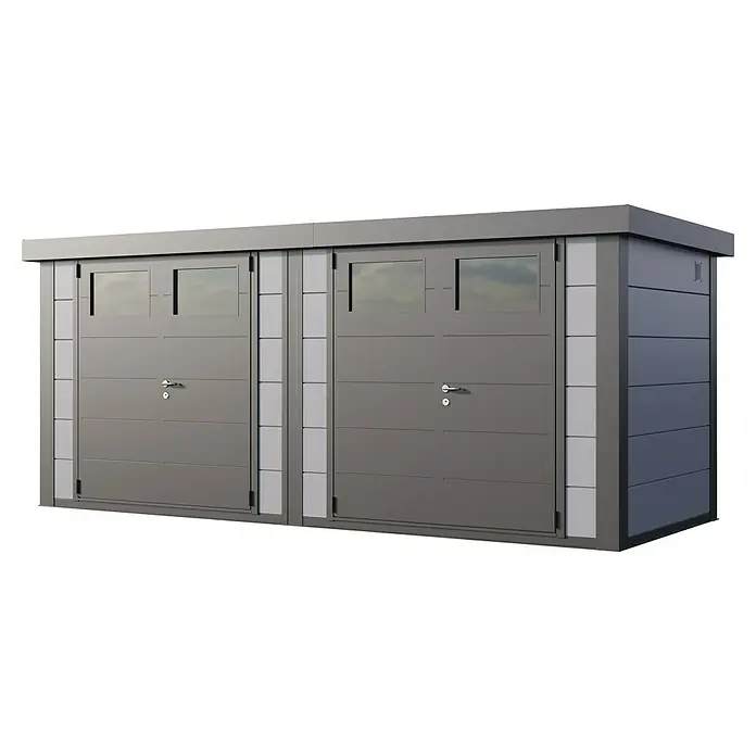 Telluria Metallgerätehaus Duo 2721 inkl. Elektro-Set - Außenmaß inkl. Dachüberstand (B x T): 542 x 228 cm, Lichtgrau/Anthrazit, Stahl, Inkl. Innenwandverkleidung & Elektro-Set - Modernes Gerätehaus mit zwei Türen und Fenster, ideal für die Aufbewahrung von Gartengeräten. Robuste Bauweise für den Außenbereich.