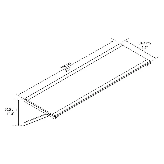 Palram – Canopia Yukon Fachboden - L x B: 34 x 104 cm, 1 Stk., Passend für: Palram Yukon Gerätehäuser - Zeichnung eines verstellbaren Betts mit den Maßen 104 cm Länge, 34,7 cm Breite und 26,5 cm Höhe.