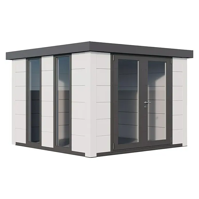 Telluria Gartenhaus Luminato 3030 inkl. Elektro-Set - Außenmaß inkl. Dachüberstand (B x T): 318 x 318 cm, Stahl, Weiß, Inkl. Innenwandverkleidung & Elektro-Set - Ein modernes Gartenhaus mit grauen Rahmen und weißen Paneelen, das sich ideal für den Garten eignet. Das Gartenhaus bietet einen hellen und freundlichen Raum.