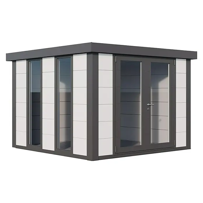 Telluria Gartenhaus Luminato 3030 inkl. Elektro-Set - Außenmaß inkl. Dachüberstand (B x T): 318 x 318 cm, Stahl, Weiß/Anthrazit, Inkl. Innenwandverkleidung & Elektro-Set - Ein modernes Gartenhaus mit großen Fenstern und einer Doppeltür. Das Haus ist in Grau und Weiß gehalten und bietet viel Tageslicht.