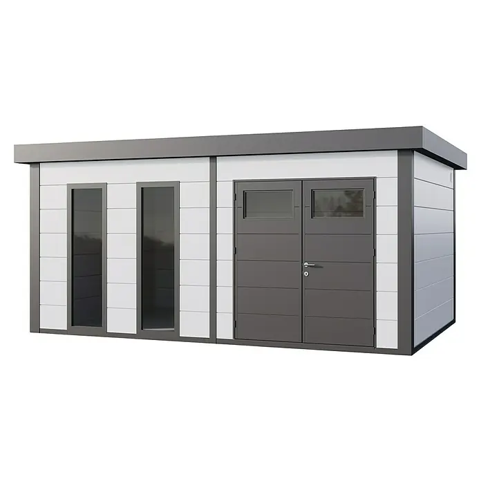 Telluria Metallgerätehaus Classico 5436+ inkl. Elektro-Set - Außenmaß inkl. Dachüberstand (B x T): 568 x 388 cm, Stahl, Weiß/Anthrazit, Inkl. Innenwandverkleidung & Elektro-Set - Ein modernes Gartenhaus in Grau und Weiß. Das Haus verfügt über zwei Fenster und eine Doppeltür, ideal für die Aufbewahrung von Gartengeräten.