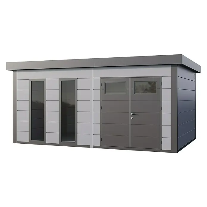 Telluria Metallgerätehaus Classico 5436+ inkl. Elektro-Set - Außenmaß inkl. Dachüberstand (B x T): 568 x 388 cm, Stahl, Lichtgrau/Anthrazit, Inkl. Innenwandverkleidung & Elektro-Set - Bild eines modernen Gartenhauses mit Flachdach, großen Fenstern und einer Doppeltür in Grau- und Silbertönen.