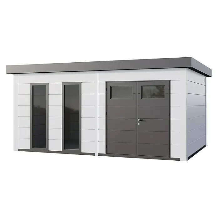 Telluria Metallgerätehaus Classico 5436+ inkl. Elektro-Set - Außenmaß inkl. Dachüberstand (B x T): 568 x 388 cm, Stahl, Weiß, Inkl. Innenwandverkleidung & Elektro-Set - Ein modernes Gartenhaus mit grauem Dach, grauen Türen und weißen Wänden bietet stilvollen Stauraum für den Außenbereich.