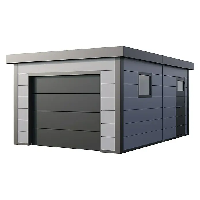 Telluria Garage Classico 3654G - Außenmaß inkl. Dachüberstand (B x T): 388 x 568 cm, Stahl, Lichtgrau/Anthrazit, Ohne Set - Bild eines modernen Fertiggaragenbausatzes in Grau mit Rolltor, Nebentür und kleinem Fenster.