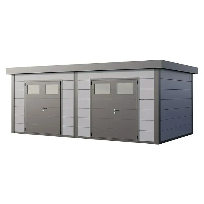 Telluria Metallgerätehaus Duo 3336+ inkl. Elektro-Set - Außenmaß inkl. Dachüberstand (B x T): 672 x 388 cm, Stahl, Lichtgrau/Anthrazit, Inkl. Innenwandverkleidung & Elektro-Set - Modernes, graues Gerätehaus mit zwei Garagentoren und Fenstern, ideal für die Aufbewahrung von Gartengeräten und Werkzeugen im Außenbereich.