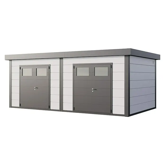 Telluria Metallgerätehaus Duo 3336+ inkl. Elektro-Set - Außenmaß inkl. Dachüberstand (B x T): 672 x 388 cm, Stahl, Weiß/Anthrazit, Inkl. Innenwandverkleidung & Elektro-Set - Abbildung eines modernen Geräteschuppens in Grau und Weiß mit zwei Rolltoren und flachem Dach für den Garten.
