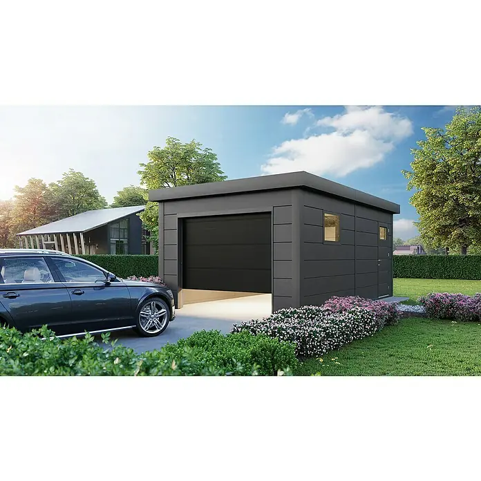 Telluria Garage Classico 3654G inkl. Elektro-Set und Innenwandverkleidung - Außenmaß inkl. Dachüberstand (B x T): 388 x 568 cm, Stahl, Anthrazit, Elektro-Set - Moderne Garage mit schwarzem Rolltor und einem grauen Auto davor. Die Garage bietet viel Platz und Stauraum für Fahrzeuge und Werkzeuge.