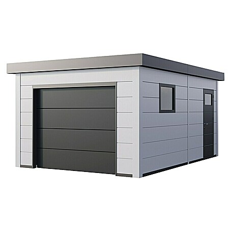 Telluria Garage Classico 3654G inkl. Elektro-Set und Innenwandverkleidung (Außenmaß inkl. Dachüberstand (B x T): 388 x 568 cm, Stahl, Weiß, Elektro-Set)