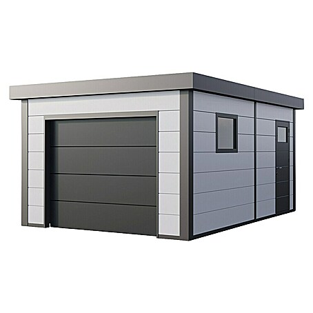 Telluria Garage Classico 3654G inkl. Elektro-Set und Innenwandverkleidung (Außenmaß inkl. Dachüberstand (B x T): 388 x 568 cm, Stahl, Weiß/Anthrazit, Elektro-Set)