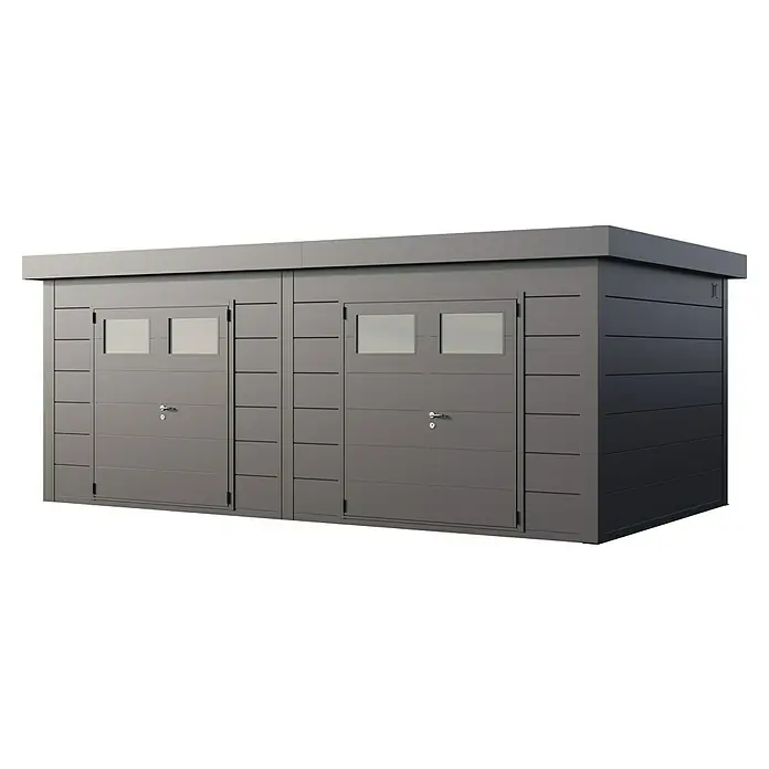 Telluria Metallgerätehaus Duo 3336+ inkl. Elektro-Set - Außenmaß inkl. Dachüberstand (B x T): 672 x 388 cm, Stahl, Anthrazit, Inkl. Innenwandverkleidung & Elektro-Set - Doppelgarage aus Metall mit zwei Rolltoren und integrierten Fenstern für zusätzlichen Lichteinfall und modernen Look.