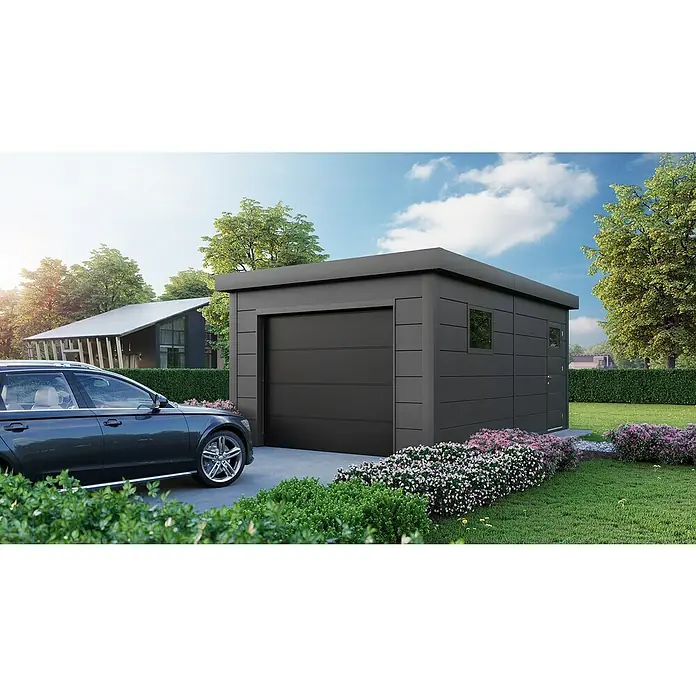 Telluria Garage Classico 3654G - Außenmaß inkl. Dachüberstand (B x T): 388 x 568 cm, Stahl, Anthrazit, Ohne Set - Eine moderne Fertiggarage in Anthrazit mit Flachdach steht neben einem PKW. Die Garage verfügt über ein Sektionaltor und Fenster.