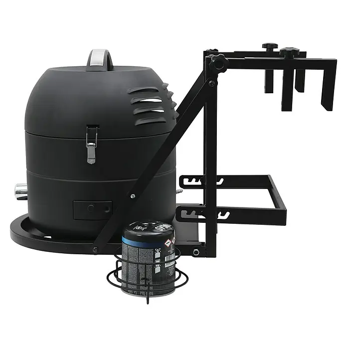 Halterung Balkon & Wand - Passend für: Gasgrill Urban - Schwarzer Grill mit Gasbehälter und Halterung. Der Grill hat einen Deckel mit Griff und Belüftungsöffnungen.