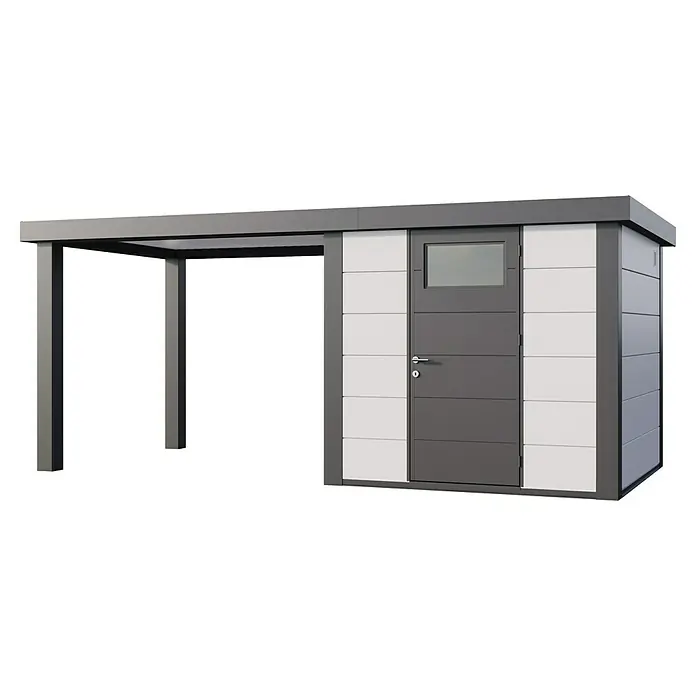 Telluria Metallgerätehaus Classico 2424 mit Open Lounge L links inkl. Elektro-Set - Außenmaß inkl. Dachüberstand (B x T): 542 x 258 cm, Stahl, Weiß/Anthrazit, Inkl. Innenwandverkleidung & Elektro-Set - Abbildung eines modernen Gerätehauses mit einem angrenzenden Carport, ideal für die Aufbewahrung und den Schutz von Fahrzeugen.