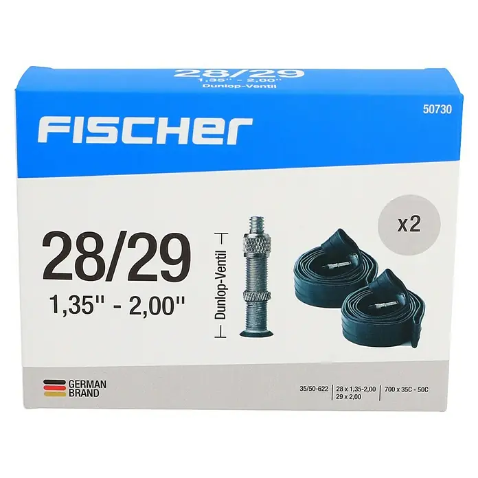 Fischer Fahrradschlauch - Dunlopventil, Radgröße nach ETRTO: 35-622 bis 50-622 - Eine Packung Fischer Fahrradschläuche, Größe 28/29 Zoll, mit Dunlop-Ventil und doppelter Ausführung für Fahrräder.