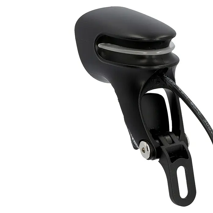 Fischer Fahrradbeleuchtungs-Set - LED, Schwarz, Beleuchtungsstärke: 50 lx - Schwarzes, tropfenförmiges Elektronikgerät mit transluzentem Band, Montagehalterung und Stromkabel.